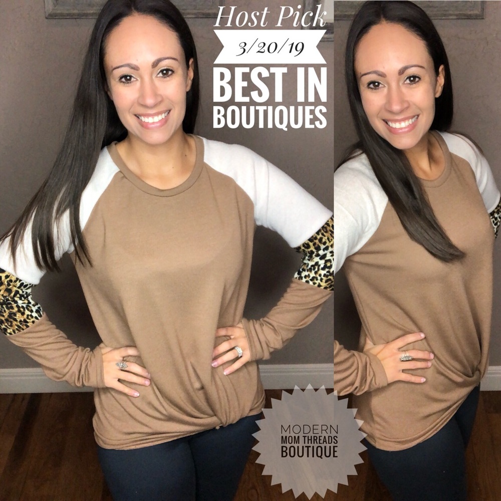 New Brown Leopard Long Sleeve Twist Knot Top